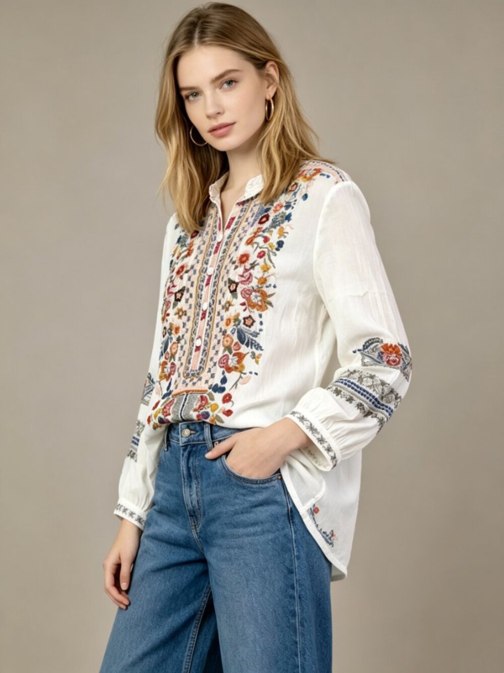 NWOT Johnny Was Floral Embroidered Long Sleeves V-Neck Shirt Blouse Size S